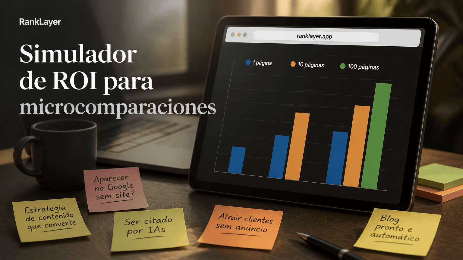 Simulador de ROI de microcomparaciones: cuántas páginas publicar para reemplazar anuncios pagados